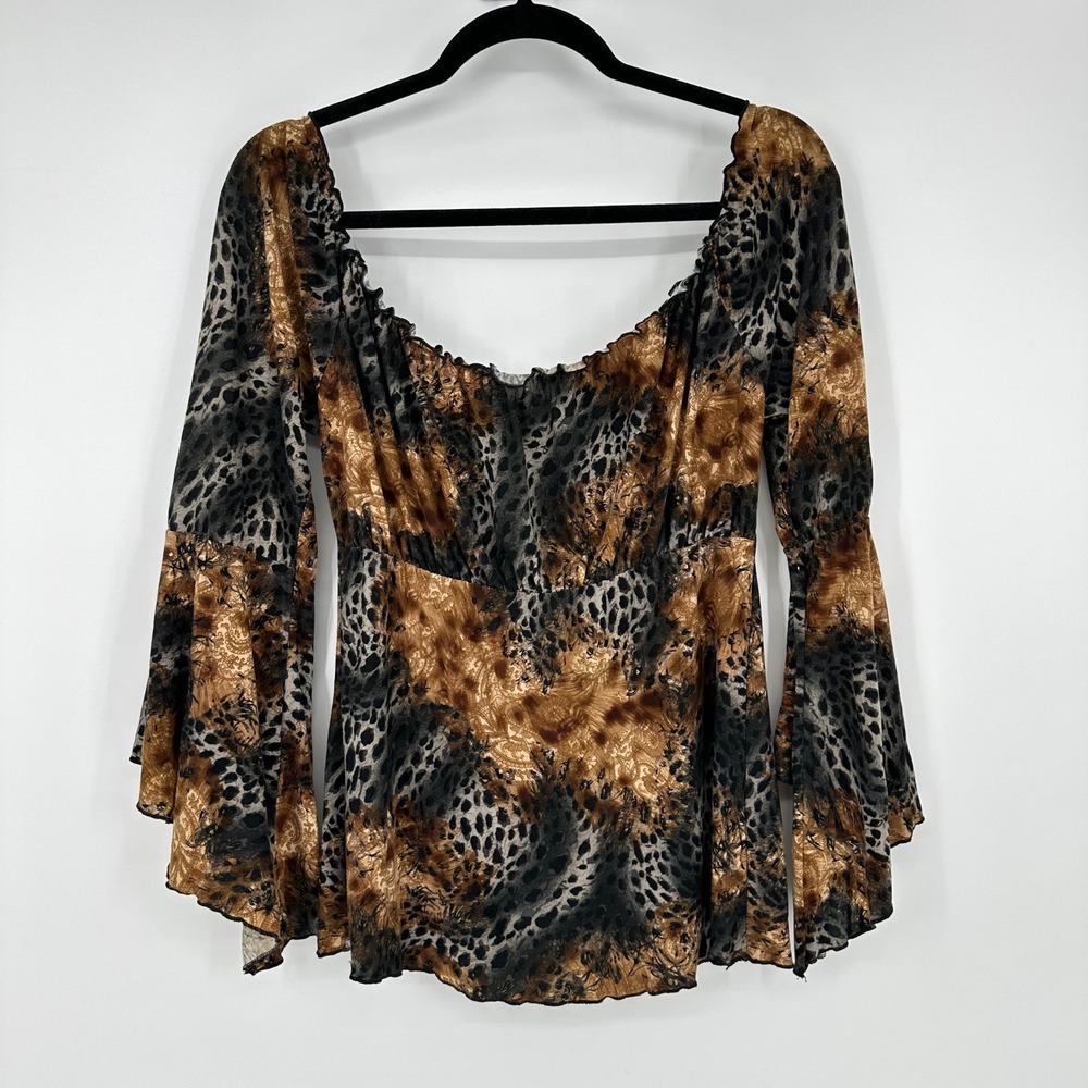 VTG True Light Brown Black Leopard Paisley Flare Bell Whimsy Witch Goth Top L